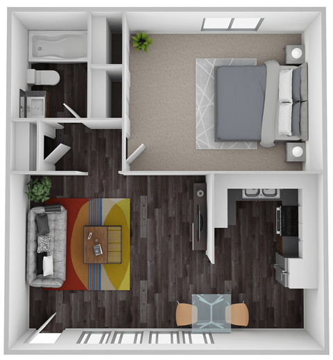 A top-down view of a living room with a couch, a coffee table, and a rug.