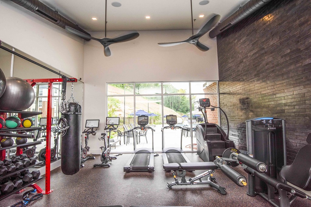 A gym with a variety of equipment including a treadmill, weights, and a television.