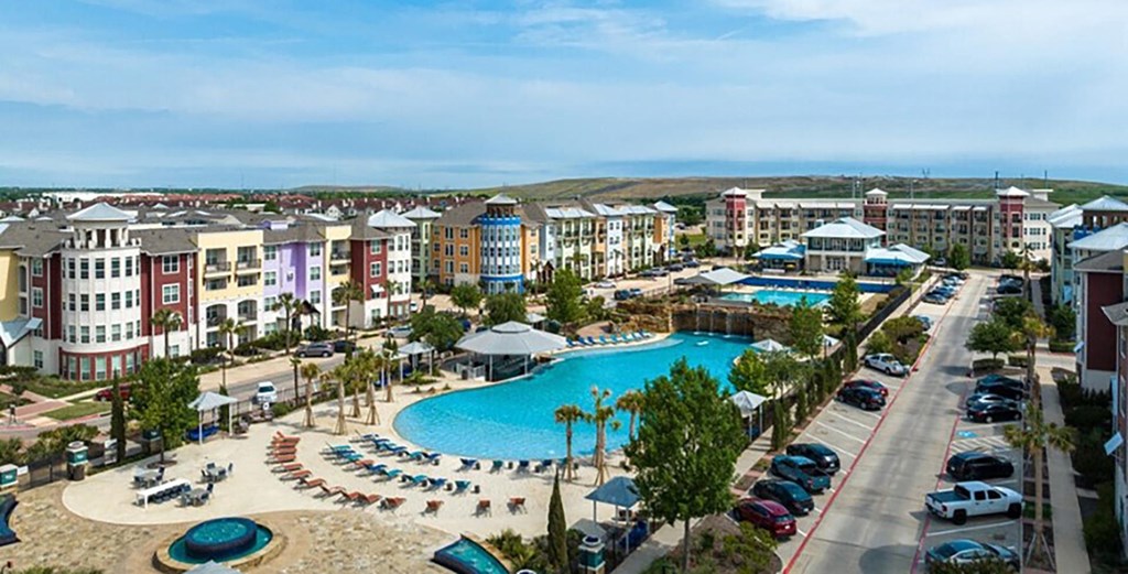 an aerial view of a large swimming pool