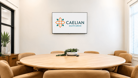 A conference room with a Caelian South Grove logo on the wall.