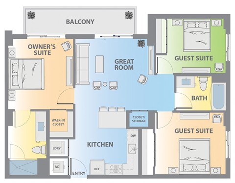 a floor plan of a living room and a guest room