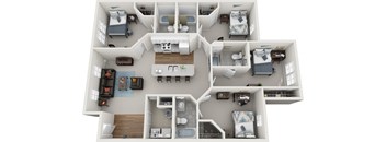 A 3D layout of a house with multiple rooms and furniture.