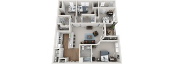 A 3D floor plan of a small apartment with a kitchen, living room, and bedrooms.