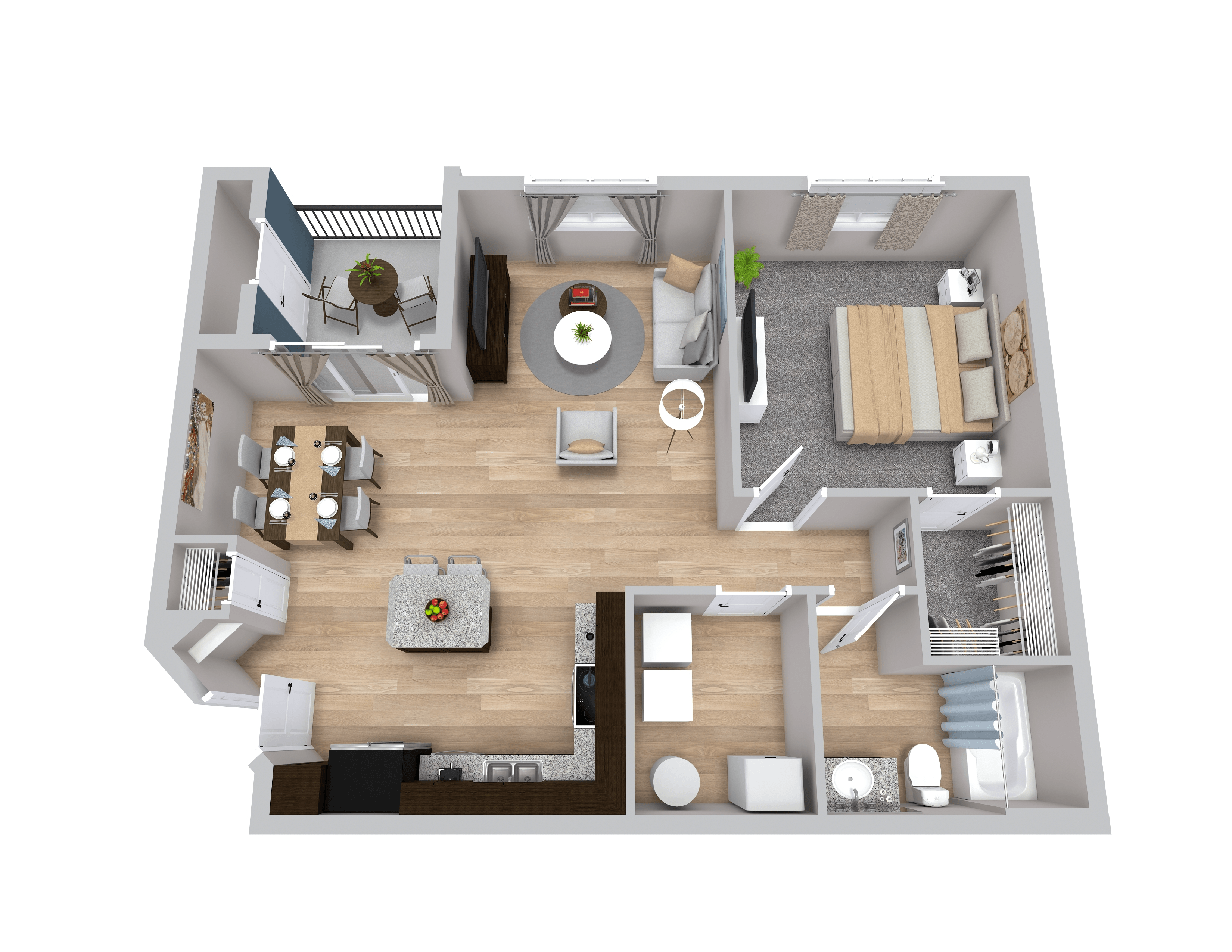 A 3D floor plan of a small apartment with a kitchen, living room, and bedroom.