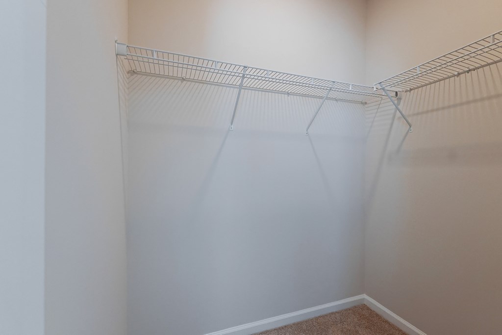 Empty wire shelving in a room.