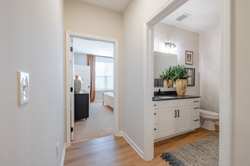 A bathroom with a sink, mirror, and a rug on the floor.