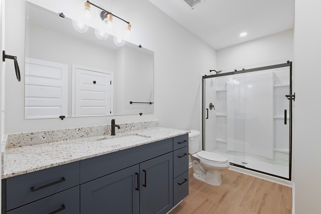 A bathroom with a sink, mirror, toilet, and shower.