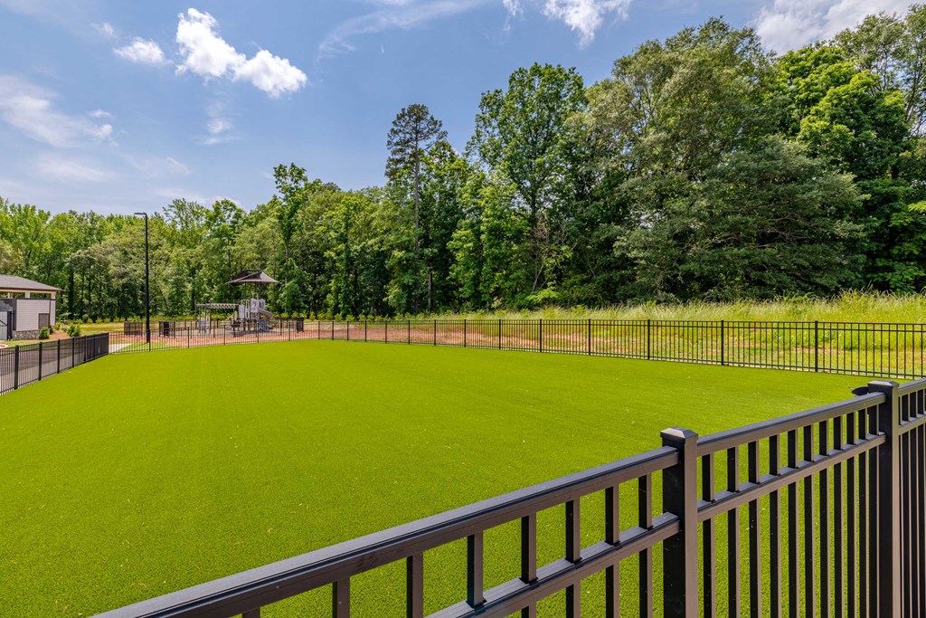 A green field surrounded by a fence and trees.