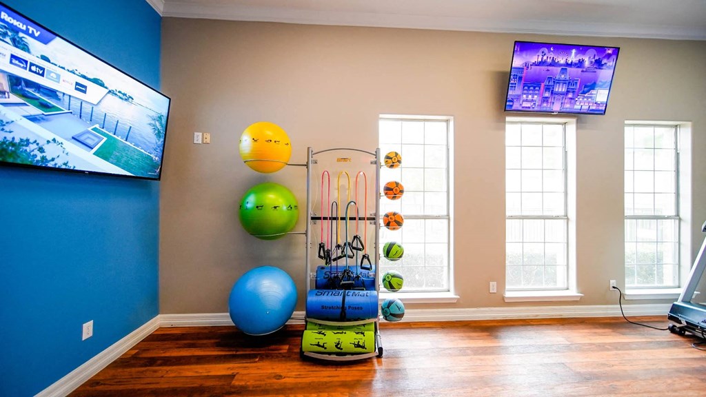 a home gym with a skateboard and various balls and a tv