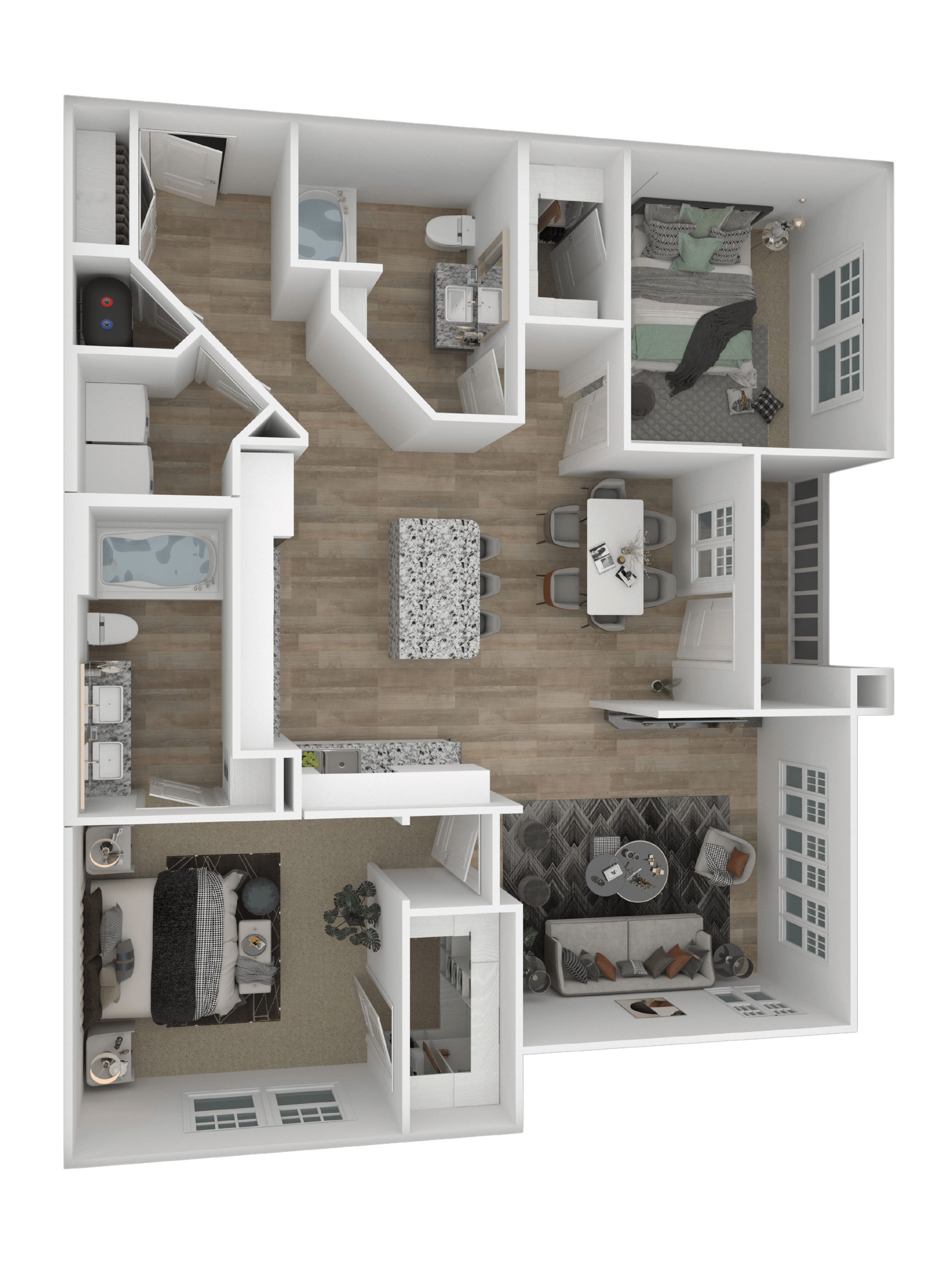 A 3D floor plan of a house with multiple rooms and furniture.
