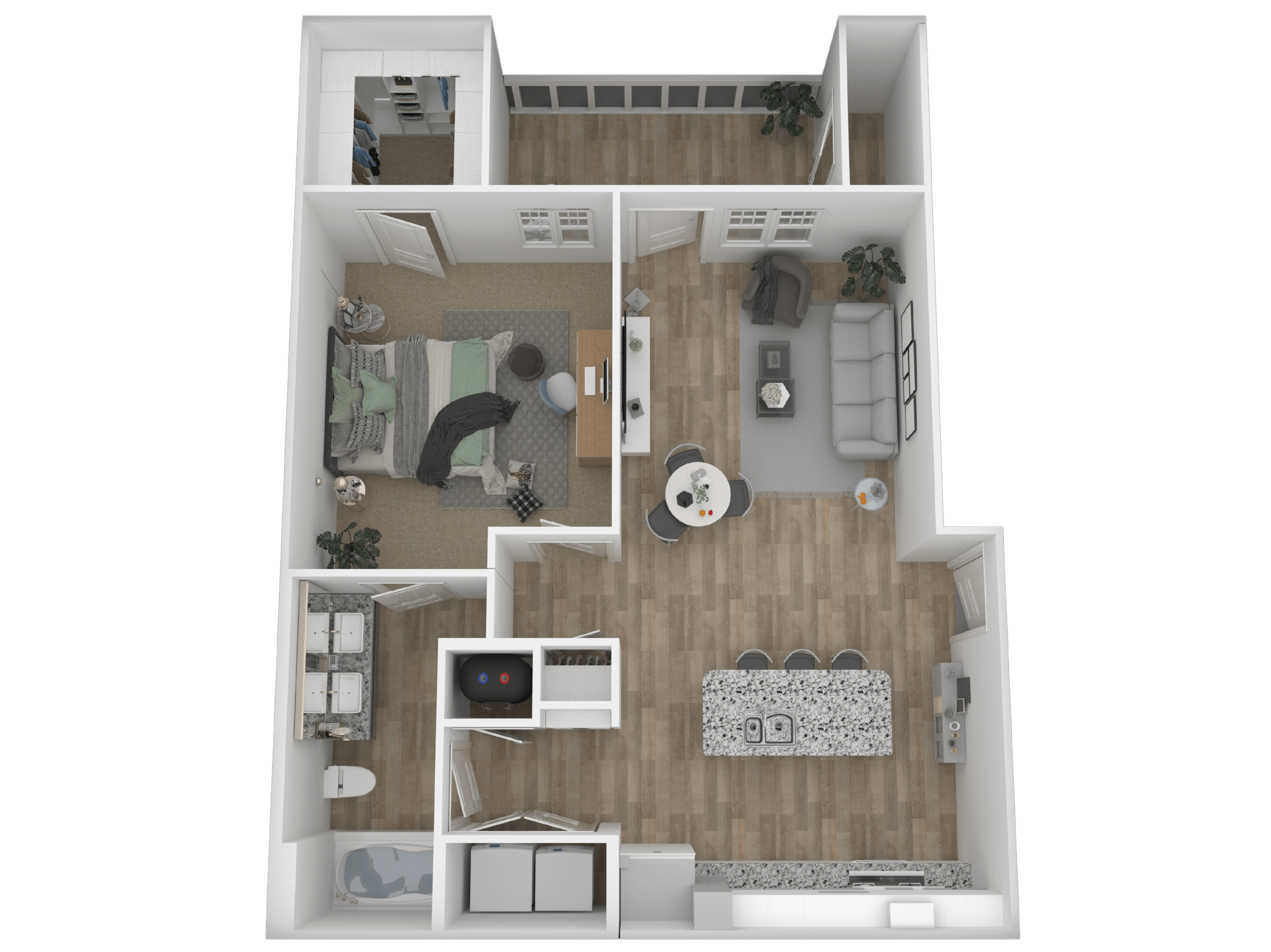 A 3D rendered image of a small apartment layout.