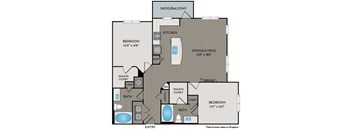 A floor plan of a home with two bedrooms, a patio/balcony, a kitchen, a dining/living room, and two bathrooms.