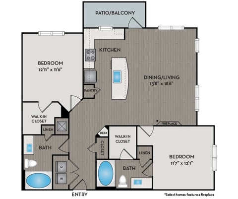 A floor plan of a home with two bedrooms, a patio/balcony, a kitchen, a dining/living room, and two bathrooms.