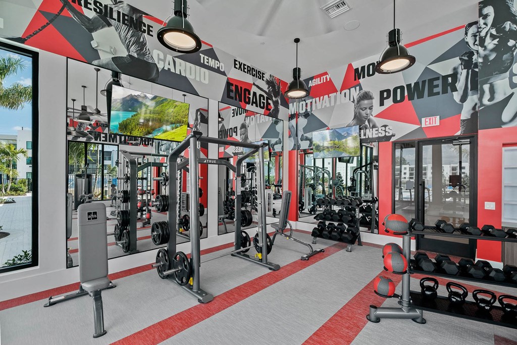 a rendering of a fitness room with weights and gym equipment at Altis Blue Lake, Lake Worth, FL, 33467