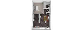 A top down view of a small apartment with a kitchen, living room and bathroom.