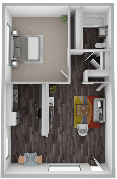 A top down view of a small apartment with a kitchen, living room and bathroom.