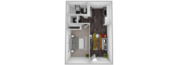 A top down view of a small apartment with a living room, kitchen, and bathroom.