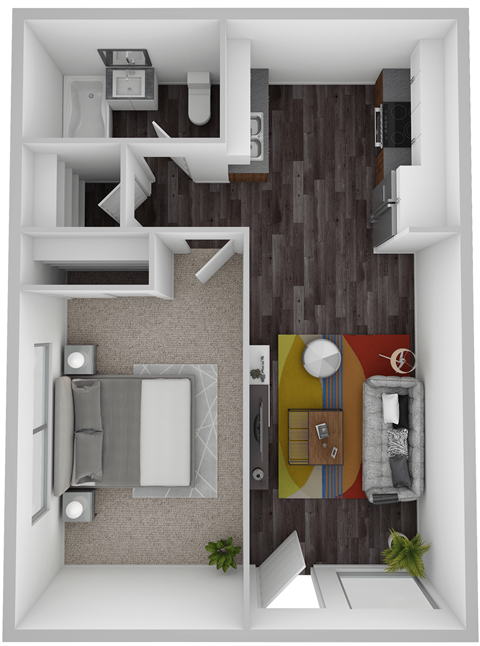 A top down view of a small apartment with a living room, kitchen, and bathroom.