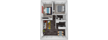 A top-down view of a small apartment with a bedroom, living room, and kitchen.