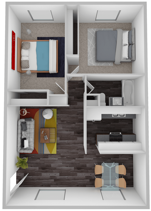 A top-down view of a small apartment with a bedroom, living room, and kitchen.