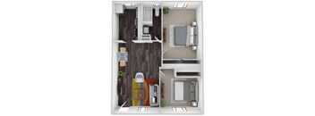 A top-down view of a small apartment with a bedroom, living room, and kitchen.