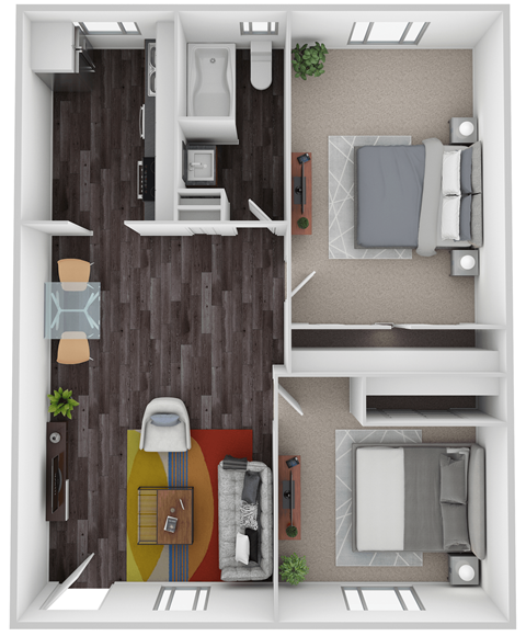 A top-down view of a small apartment with a bedroom, living room, and kitchen.