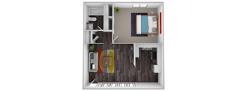 A top-down view of a small apartment with a bed, a couch, a chair, and a small kitchen area.