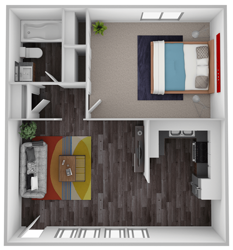 A top-down view of a small apartment with a bed, a couch, a chair, and a small kitchen area.