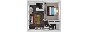 A top-down view of a small apartment with a bed, desk, and kitchenette.
