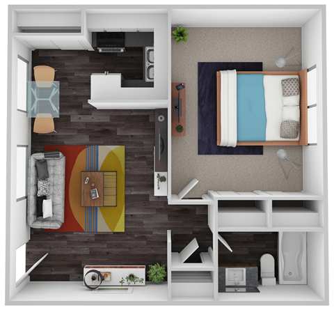 A top-down view of a small apartment with a bed, desk, and kitchenette.