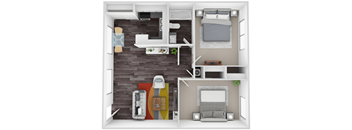A top-down view of a small apartment with a kitchen, living room, and bedroom.