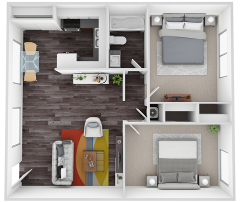 A top-down view of a small apartment with a kitchen, living room, and bedroom.