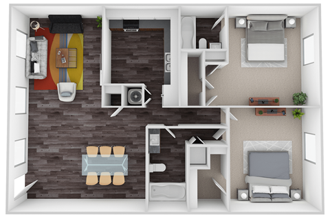 A 3D rendered image of a small apartment layout.