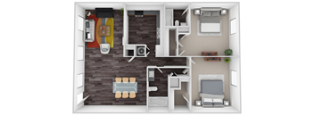 A 3D rendered image of a small apartment layout.