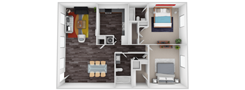 A 3D rendered image of a small apartment layout.
