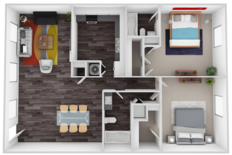 A 3D rendered image of a small apartment layout.