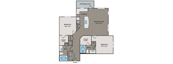 A floor plan of a home with a kitchen, two bedrooms, a bath, a dining/living area, and a patio/balcony.