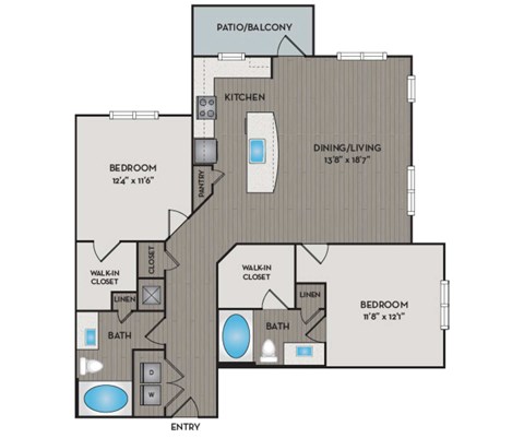 A floor plan of a home with a kitchen, two bedrooms, a bath, a dining/living area, and a patio/balcony.
