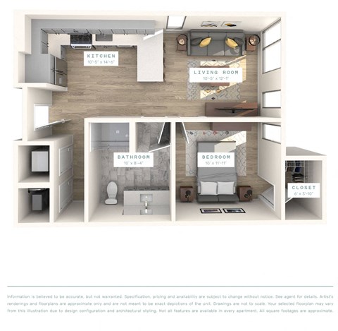 A floor plan of an apartment with a kitchen, living room, bathroom, bedroom, and closet.