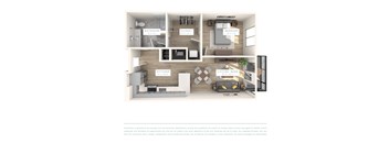 A floor plan of an apartment with a living room, kitchen, bathroom, and bedroom.