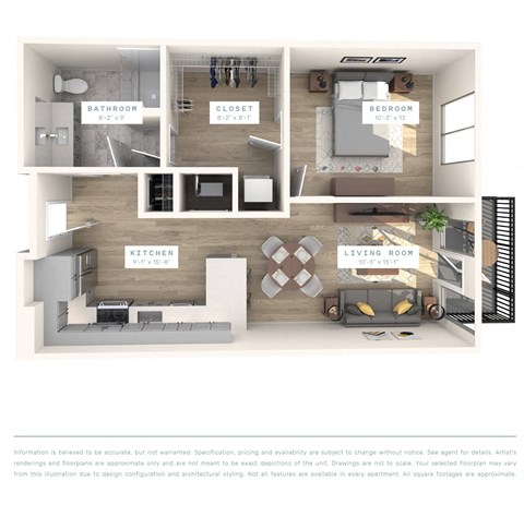 A floor plan of an apartment with a living room, kitchen, bathroom, and bedroom.