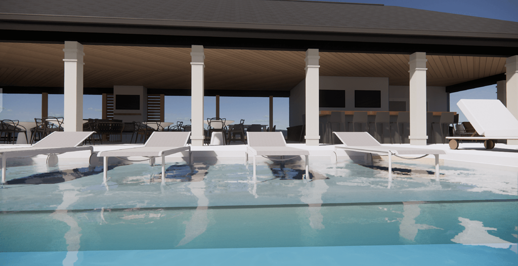 a view of a pool with white lounge chairs next to a building