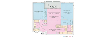 A floor plan of a house with a living room, dining room, kitchen, and two bedrooms.