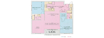 A floor plan of a house with a living room, dining room, kitchen, and two bedrooms.
