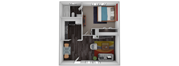 A top-down view of a small apartment with a bed, couch, and kitchen area.