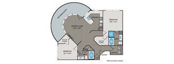 A floor plan of a home with a kitchen, dining/living room, and two bedrooms.
