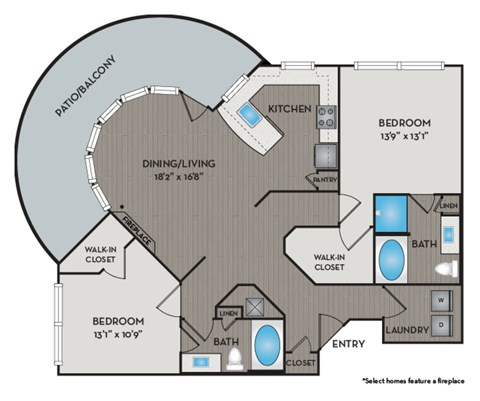 A floor plan of a home with a kitchen, dining/living room, and two bedrooms.