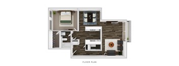 A floor plan of a room with a bed, a couch, a table, and a chair.