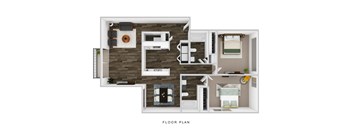 A floor plan of a small apartment with a kitchen, living room, and two bedrooms.