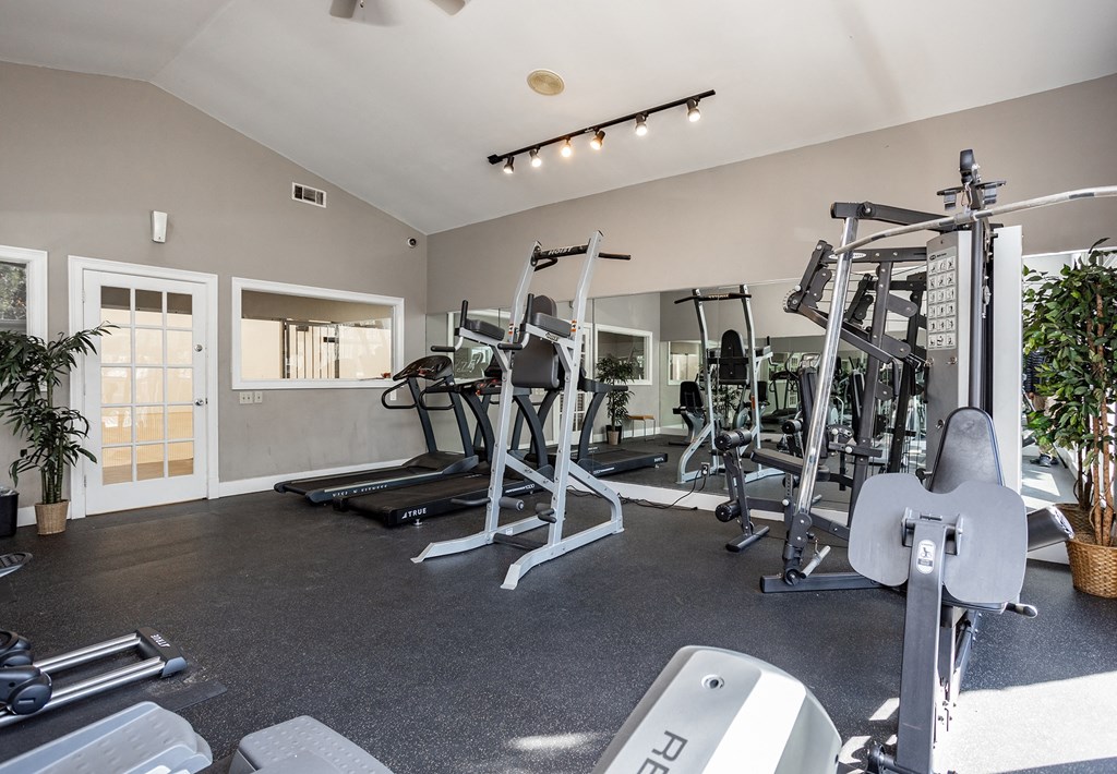 a gym with cardio machines and weights on the floor